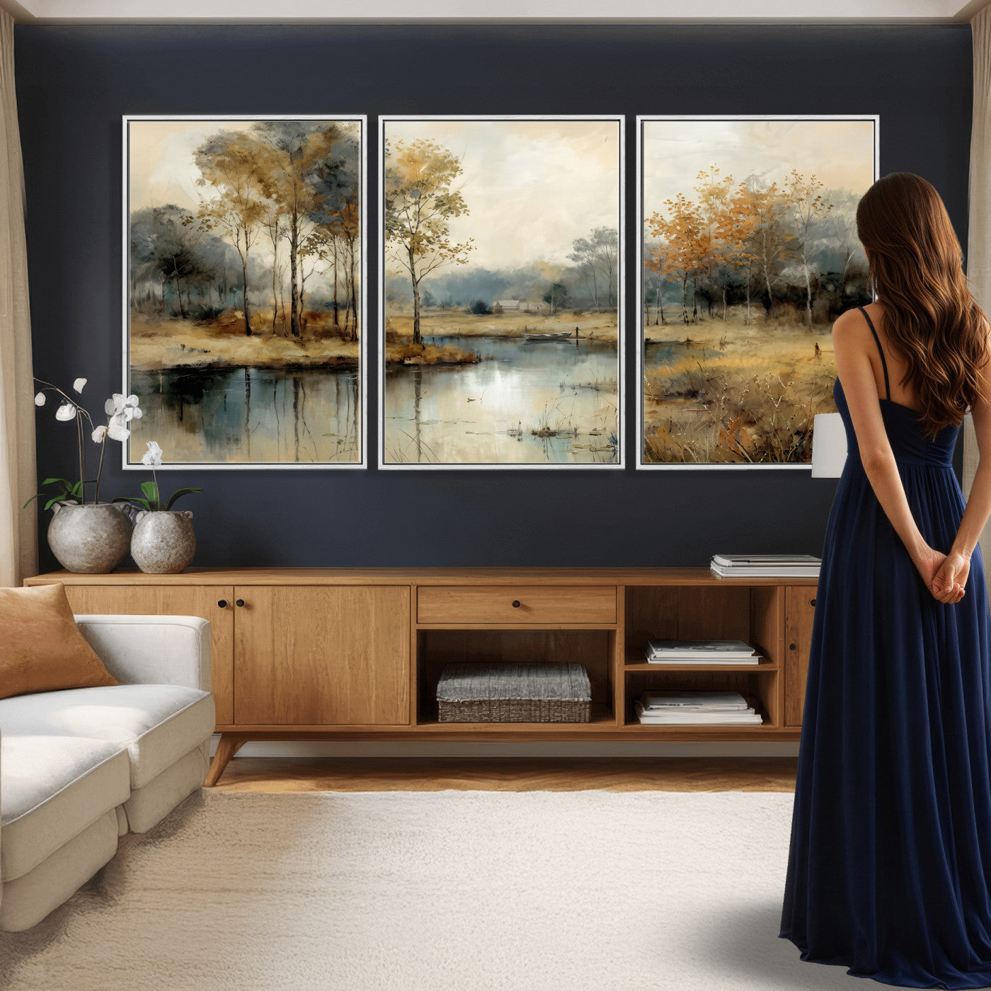 74391095-MGV-CV-36X24 - Abstract WatercolorAutumn Lake Canvas Wall Art Print, Misty Forest Landscape, Rustic Nature Painting, Cabin Wall Decor, Ready to Hang