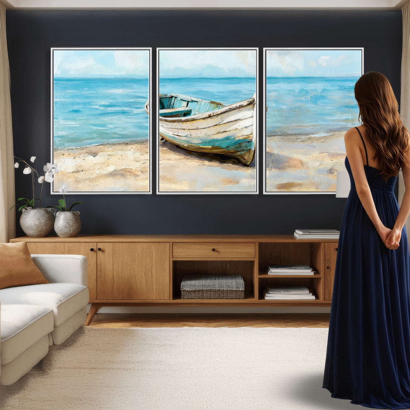 14780565-MGV-CV-36X24 - Coastal Boat Canvas Wall Art Print, Beach Boat Painting, Nautical Ocean Decor, Seascape Wall Art, Ready to Hang