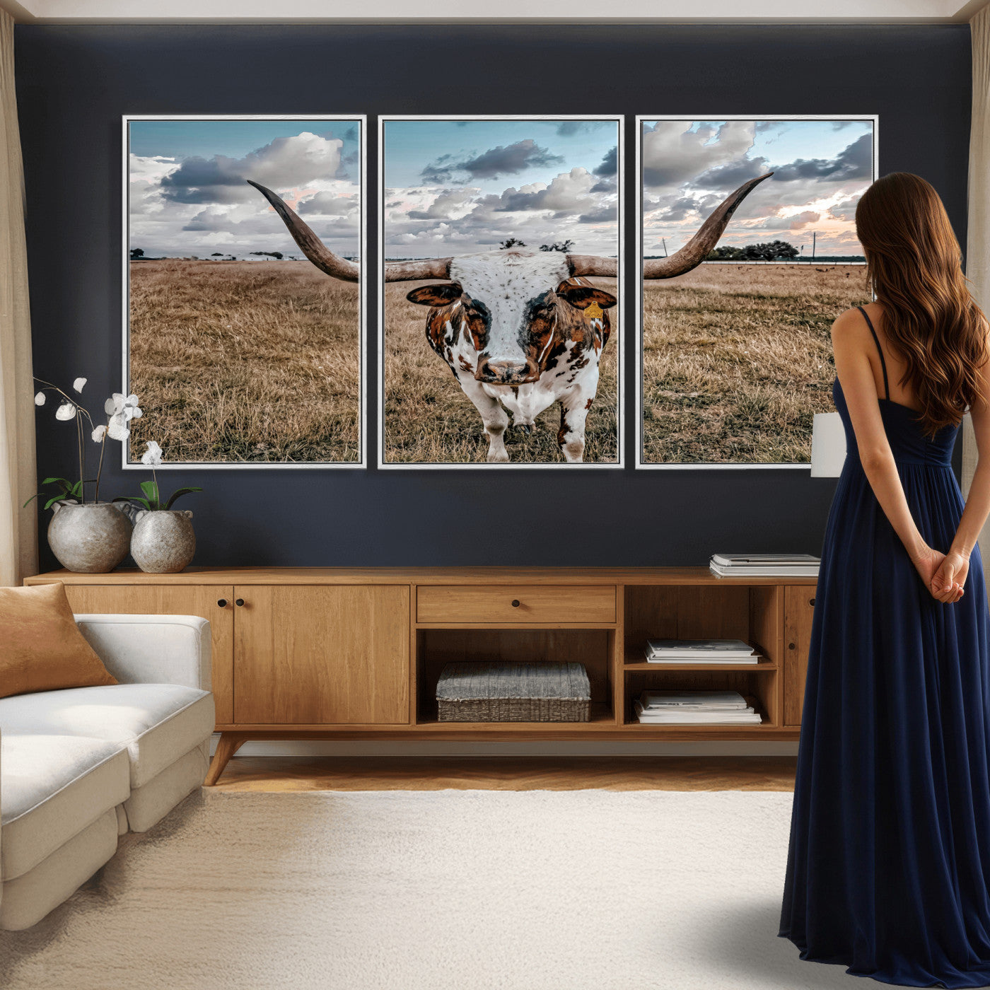 17464823-MGV-CV-36X24 - Texas Longhorn Canvas Wall Art Print, Western Cow Photography, Rustic Ranch Decor, Farmhouse Wall Art, Ready to Hang