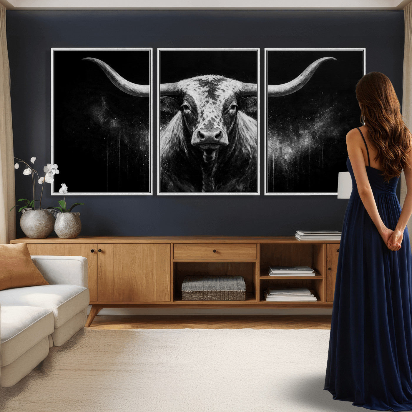 29671077-MGV-CV-60X30-3P - Texas Bull Cow Longhorn Canvas Wall Art Moody Western Bull Oil Painting Print