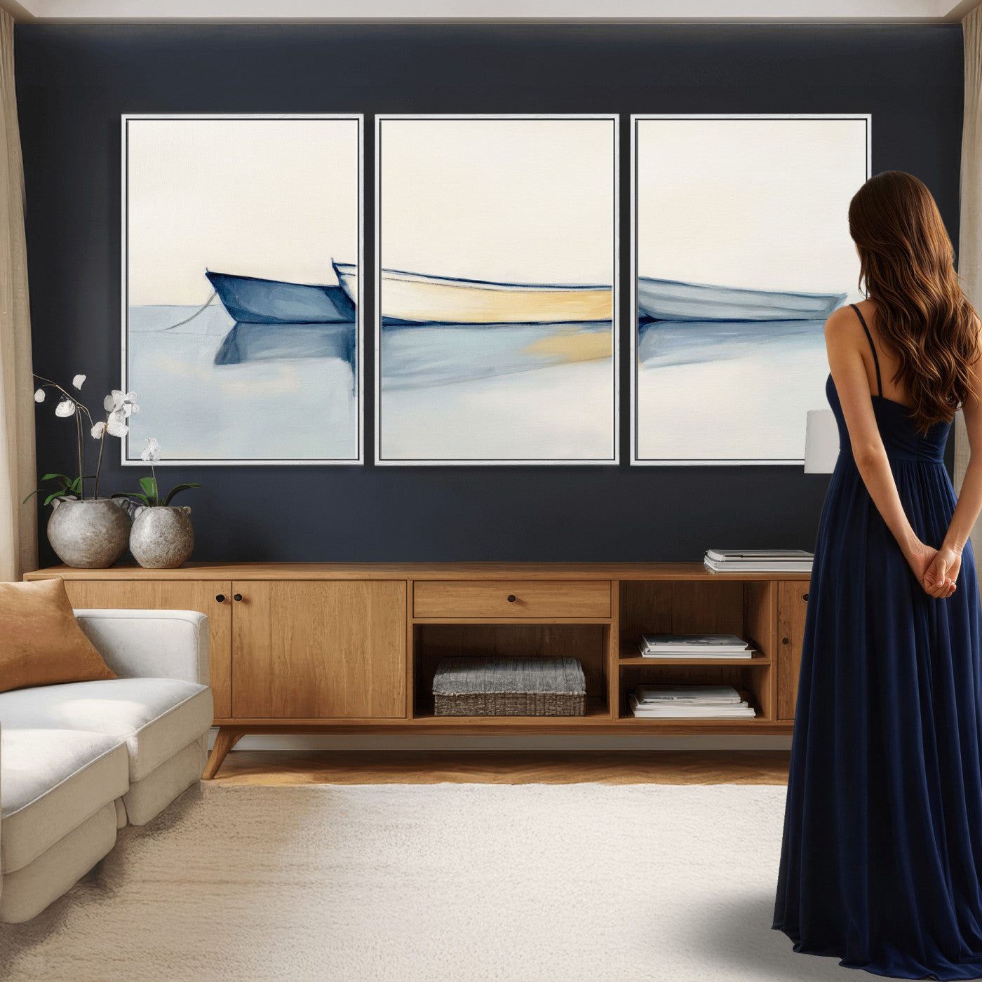 84017361-MGV-CV-36X24 - Abstract Three Boats Reflecting on Water Wall Art Canvas Print - Minimalist Coastal Seascape