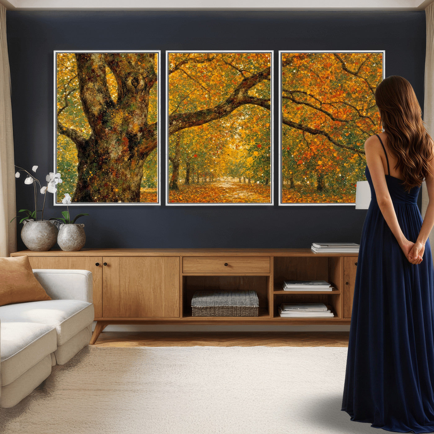 11536138-MGV-CV-36X24 - Vintage Autumn Forest Path Wall Art Canvas Print, Golden Leaves Impressionist Painting Print