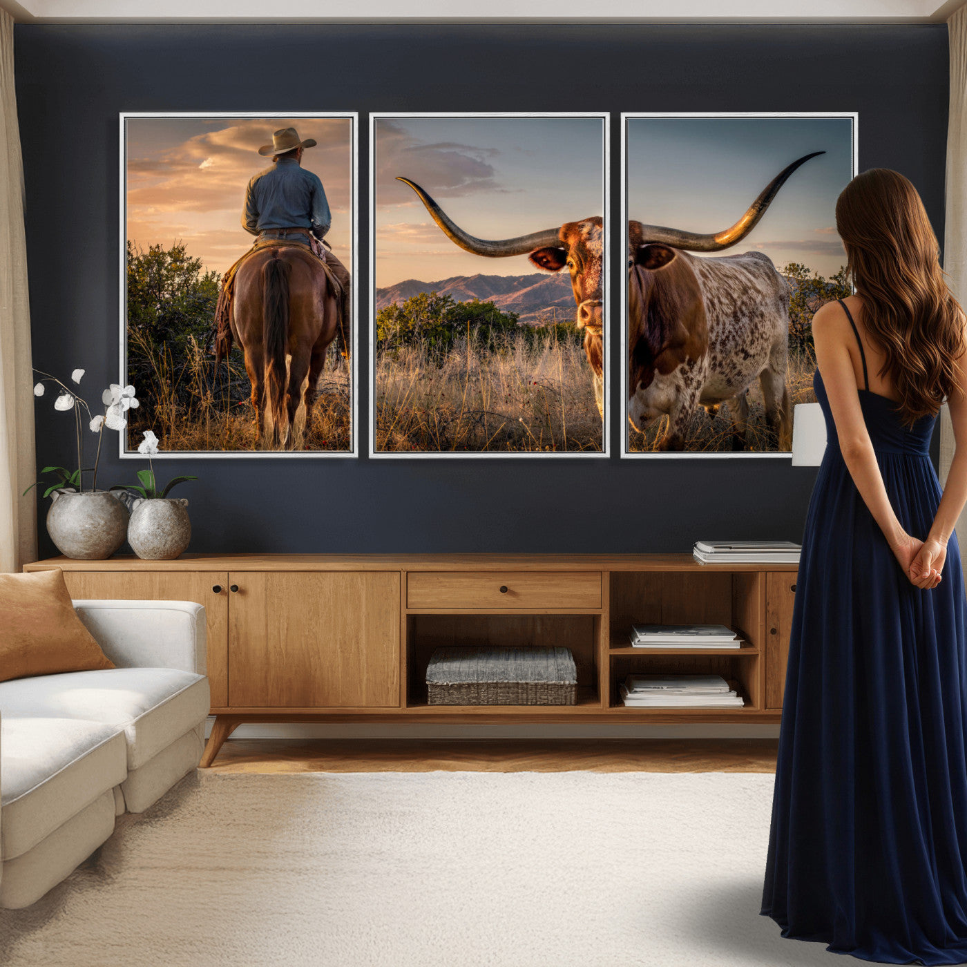 62076449-MGV-CV-60X30-3P - Texas Cow Bull Longhorn Cowboy Western Wall Art Decor for Farmhouse