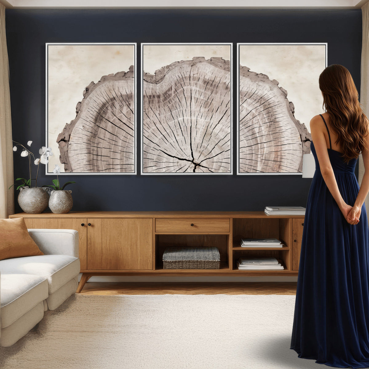 87833480-MGV-CV-60X30-3P - Tree Ring Canvas Wall Art in Neutral Earth Tones, Framed Wood Slice Print for Rustic and Japandi Interiors