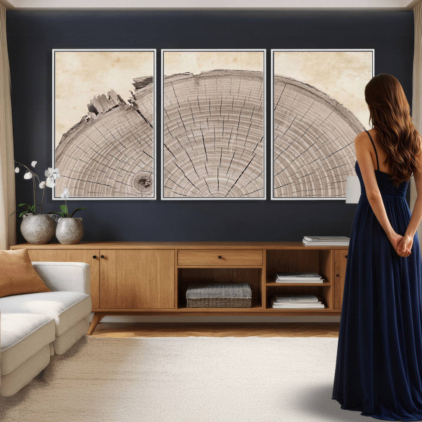 64174838-MGV-CV-60X30-3P - Tree Ring Canvas Wall Art in Neutral Earth Tones, Framed Wood Slice Print for Rustic and Japandi Interiors