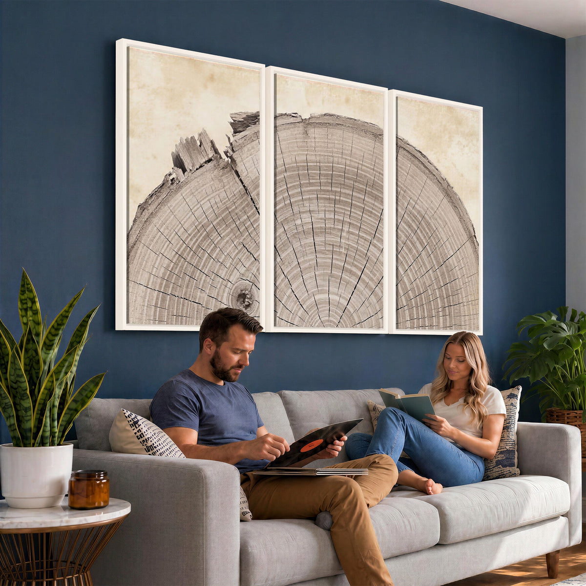 64174838-MGV-CV-60X30-3P - Tree Ring Canvas Wall Art in Neutral Earth Tones, Framed Wood Slice Print for Rustic and Japandi Interiors