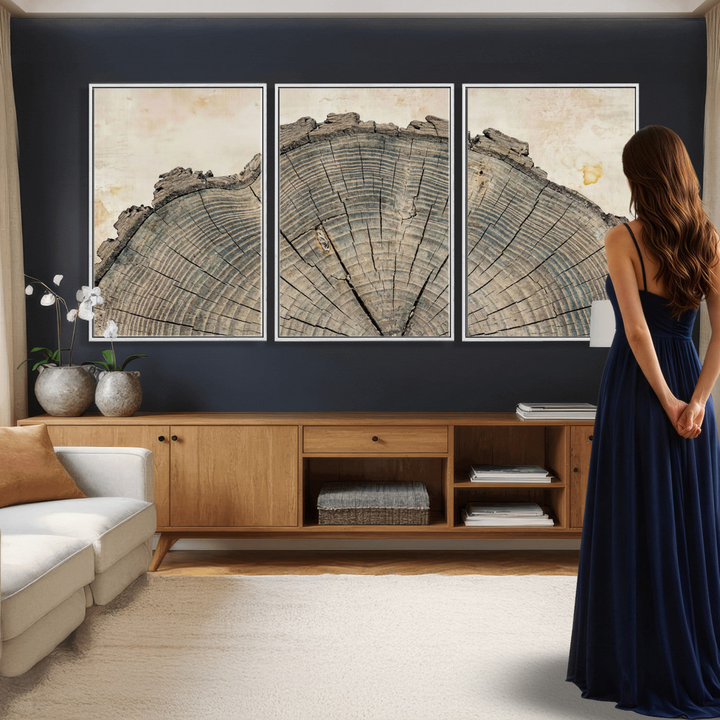 34201080-MGV-CV-60X30-3P - Tree Ring Canvas Wall Art in Neutral Earth Tones, Framed Wood Slice Print for Rustic and Japandi Interiors