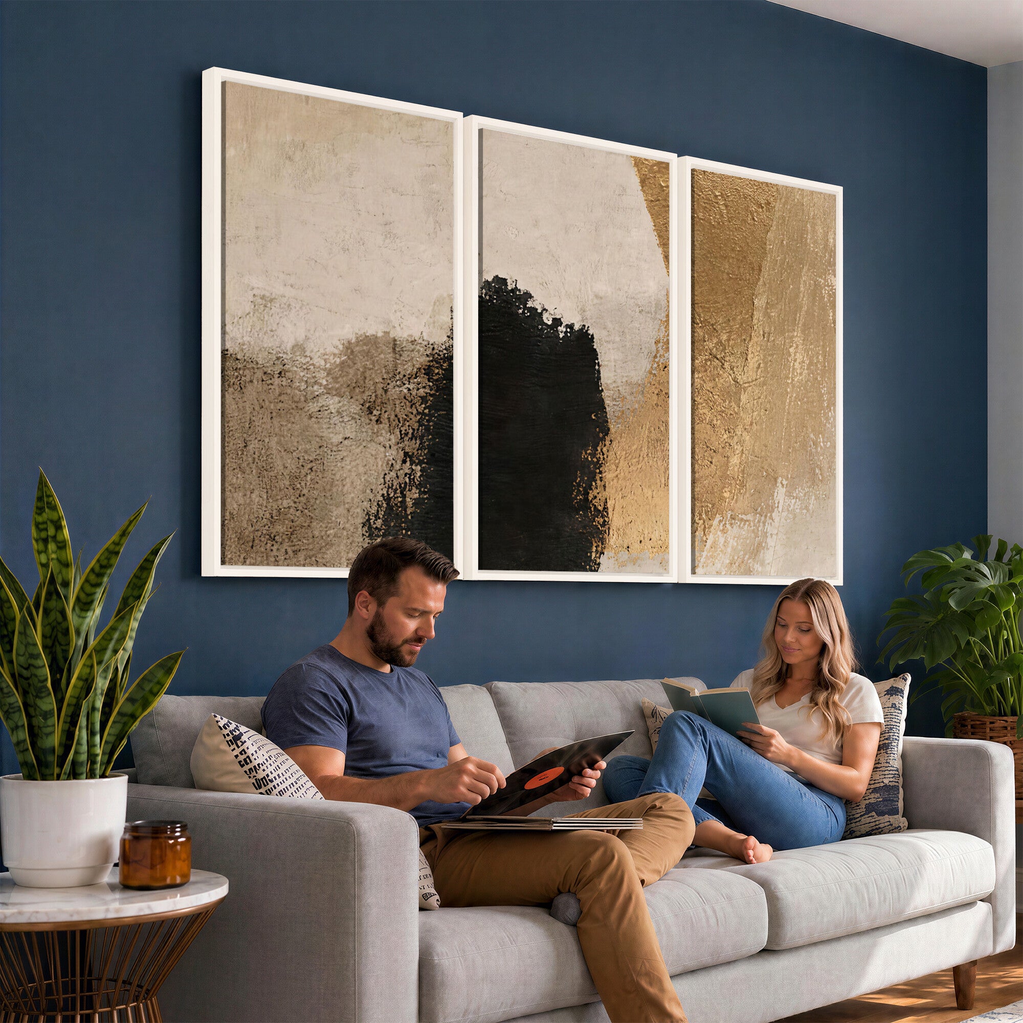 36003778-MGV-CV-48X32-3P - Mid Century Modern Geometric Canvas Wall Art, Abstract Triptych Print