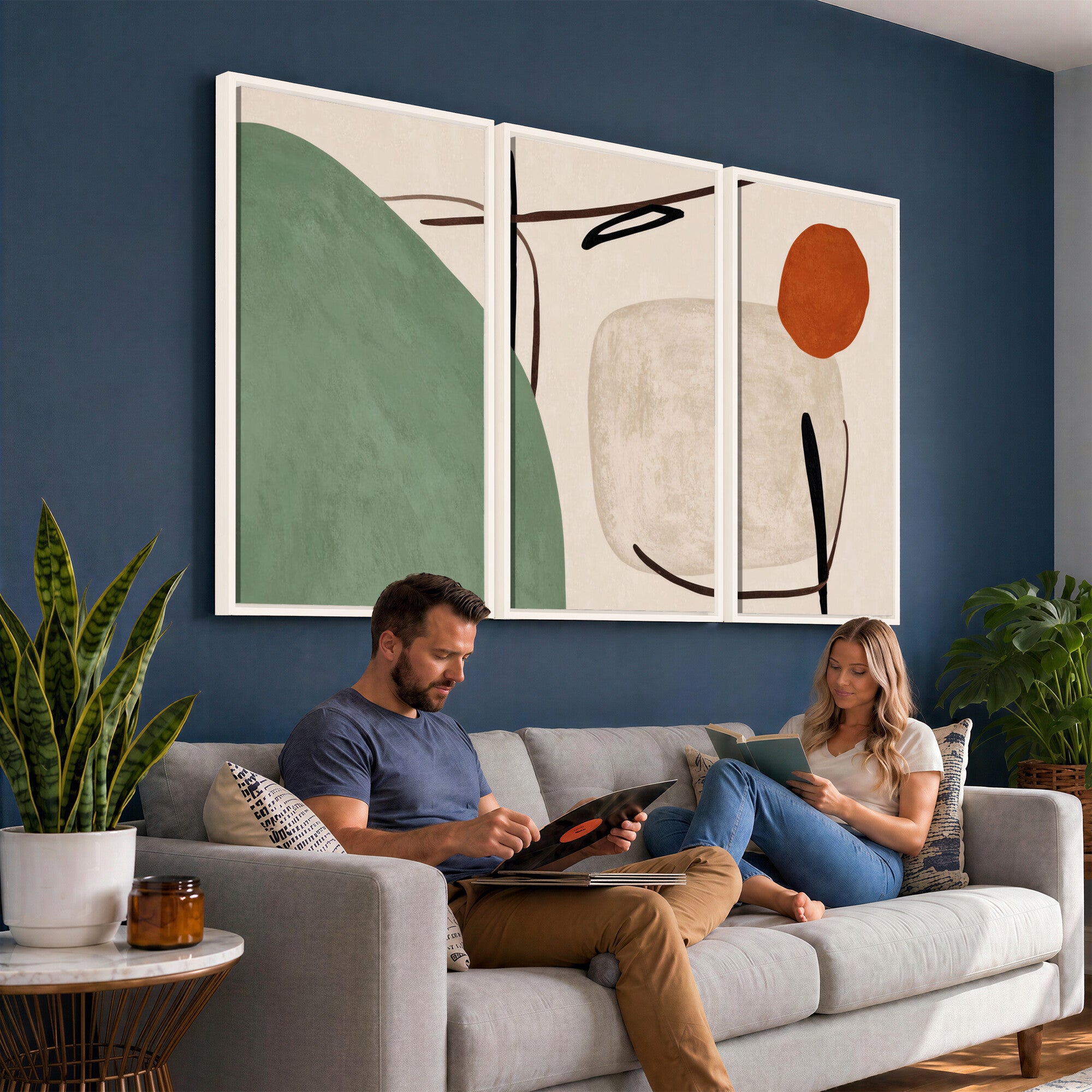46798824-MGV-CV-48X32-3P - Mid Century Modern Geometric Canvas Wall Art, Abstract Triptych Print