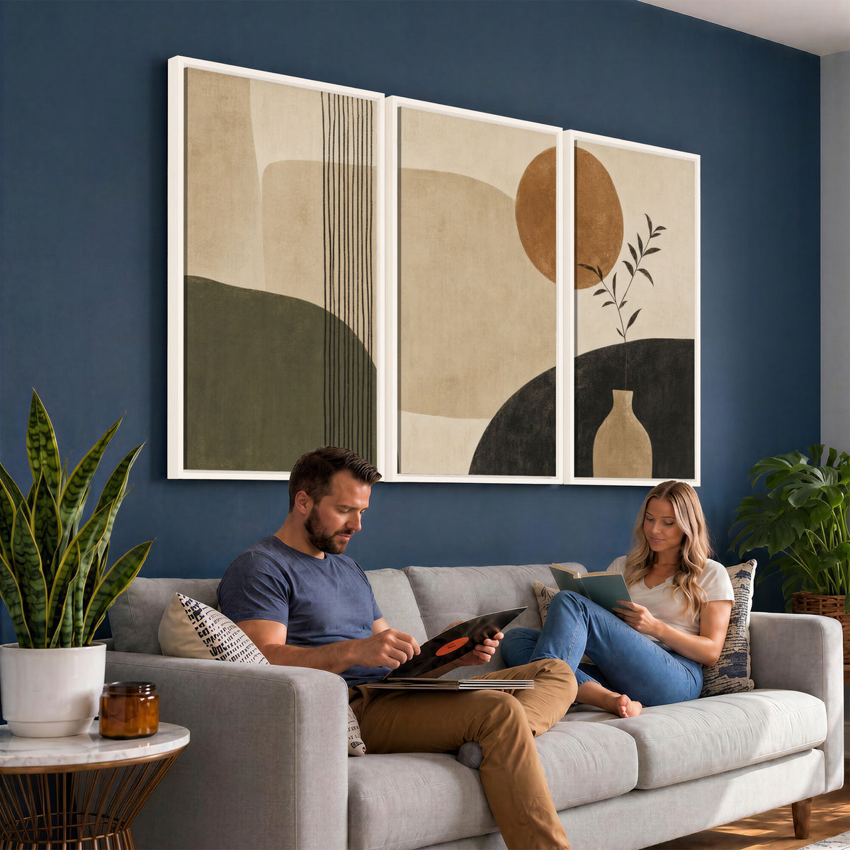 85289499-MGV-CV-60X30-3P - Boho Abstract Sun Canvas Wall Art, Minimalist Sage Green Botanical Print