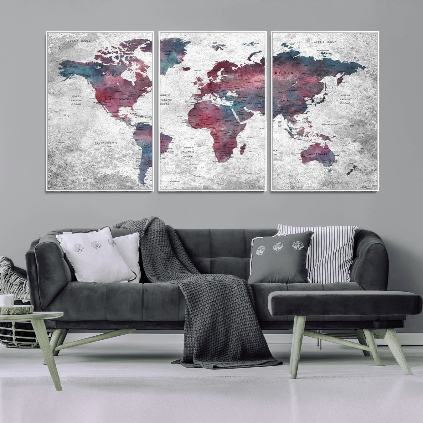 -Modern Red and Gray World Map Canvas Print – Framed Push Pin Wall Art for Couples, Contemporary Travel Map Artwork for Home and Office Decor