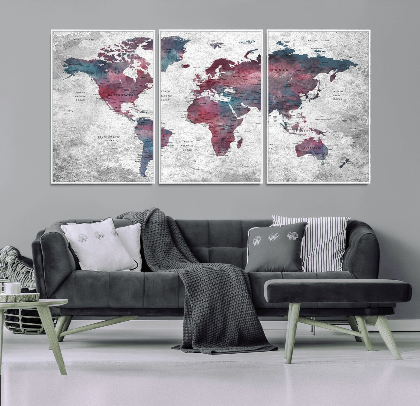 -Modern Red and Gray World Map Canvas Print – Framed Push Pin Wall Art for Couples, Contemporary Travel Map Artwork for Home and Office Decor