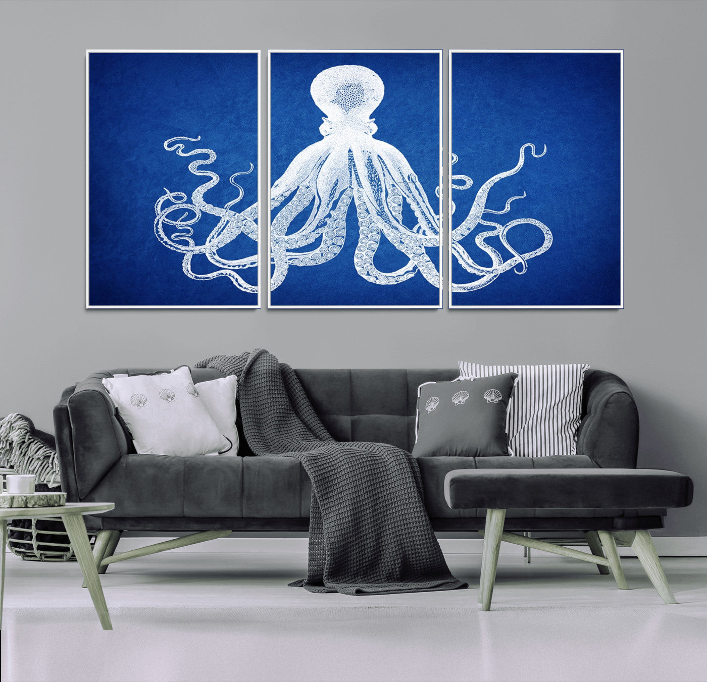 67315-MGV-CV-36X24-Large 3-Panel Blue Octopus Canvas Wall Art | Coastal Marine Life Artwork for Living Room, Bedroom,