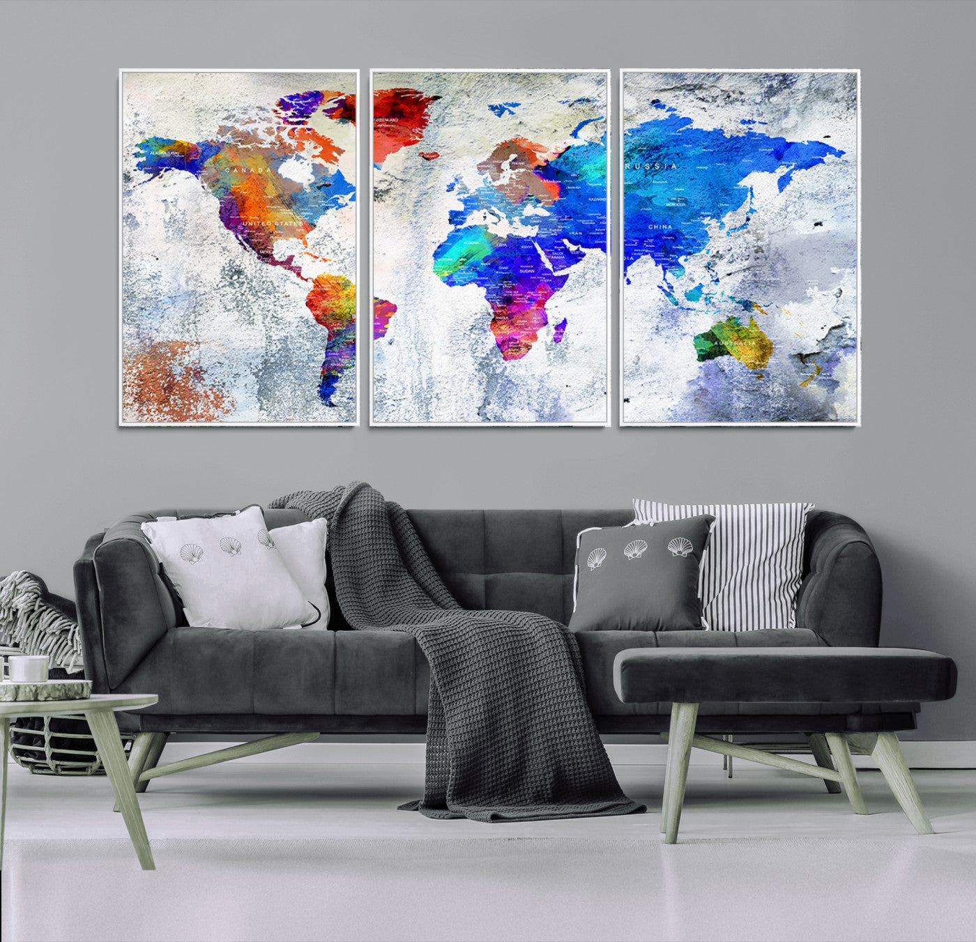27352-MGV-FC-60X30-3P_White-World Map Canvas Print – Colorful Abstract Push Pin Travel Map, Framed Wall Art for Home or Office Decor