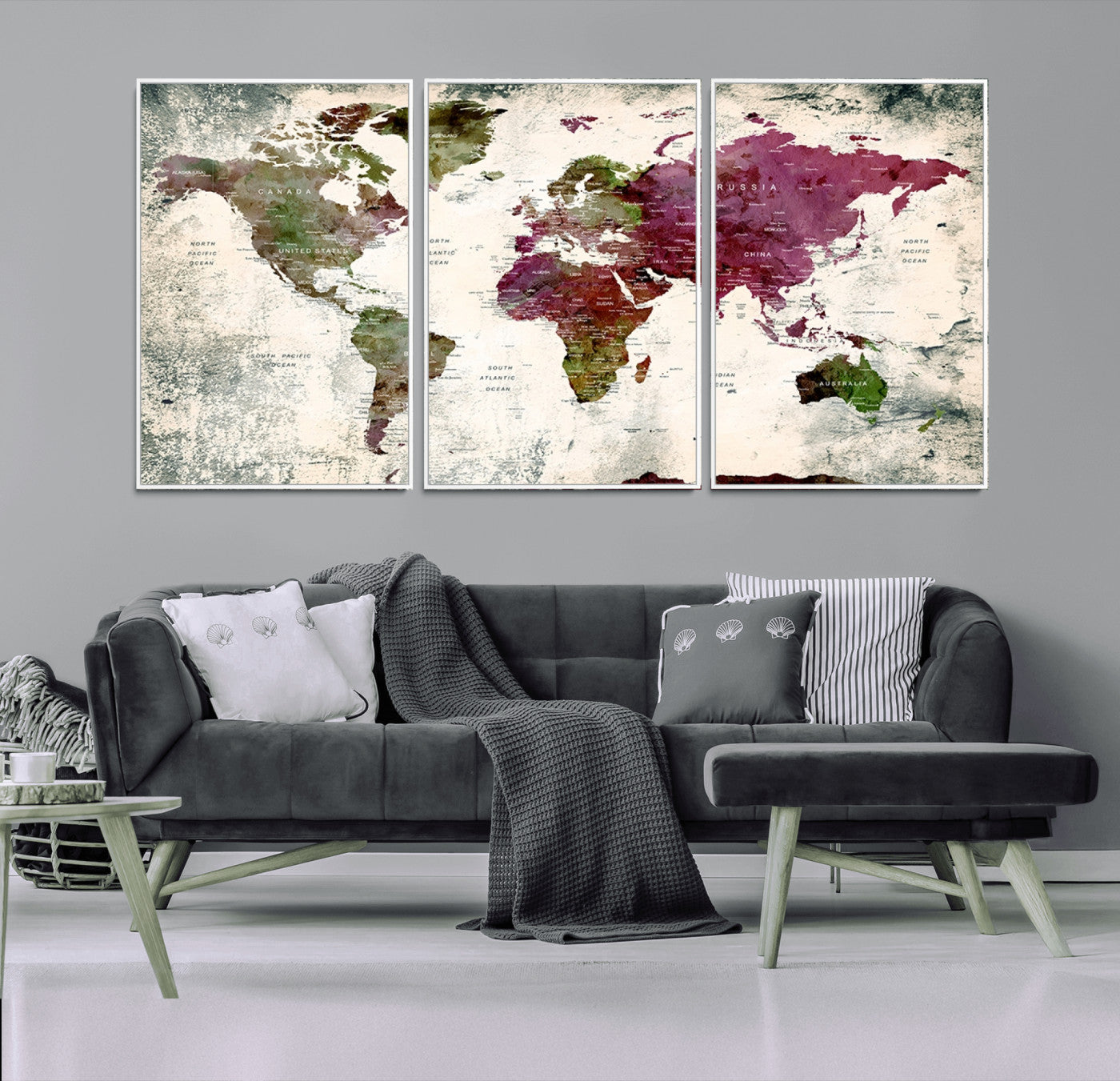 39882-MGV-CV-36X24-Vintage Watercolor Push Pin World Map Canvas – Framed Travel Wall Art for Home and Office Decor