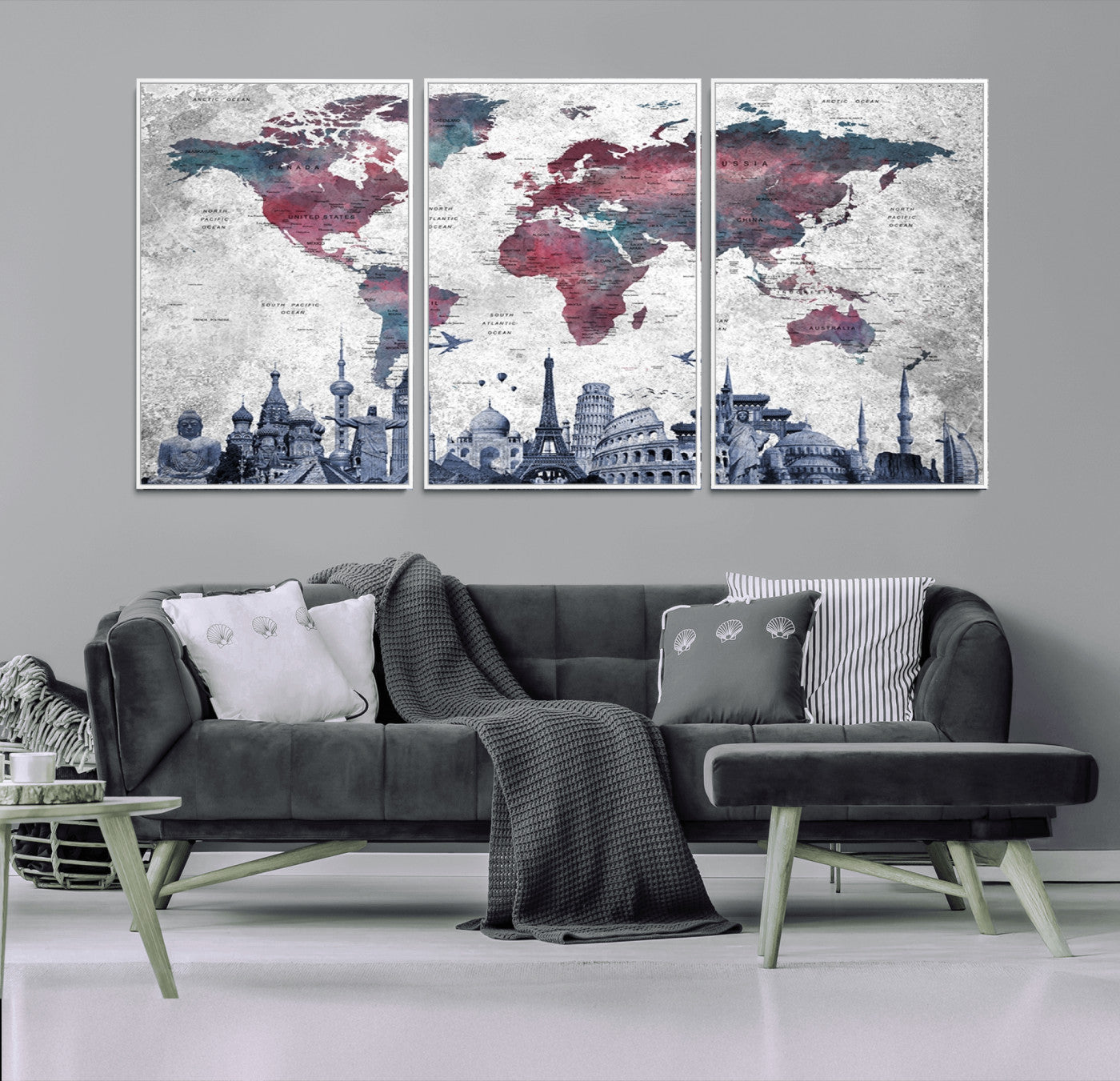 42515-MGV-CV-36X24-World Map Canvas Wall Art with Famous Landmarks – Framed Travel Map Print for Home and Office Decor, Perfect Gift for Travel Lovers