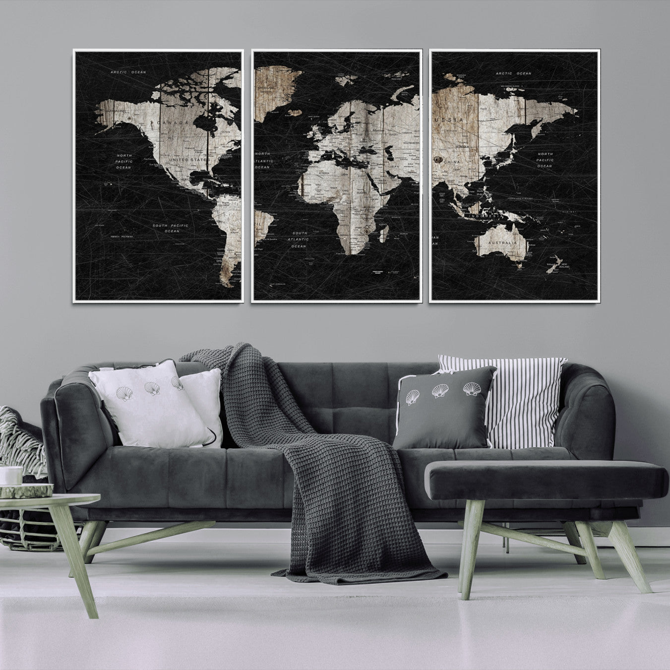 89998-MGV-CV-36X24-Rustic Black and Wood World Map Canvas Wall Art – Framed Push Pin Travel Map for Home and Office Decor, Modern Vintage Wall Artwork