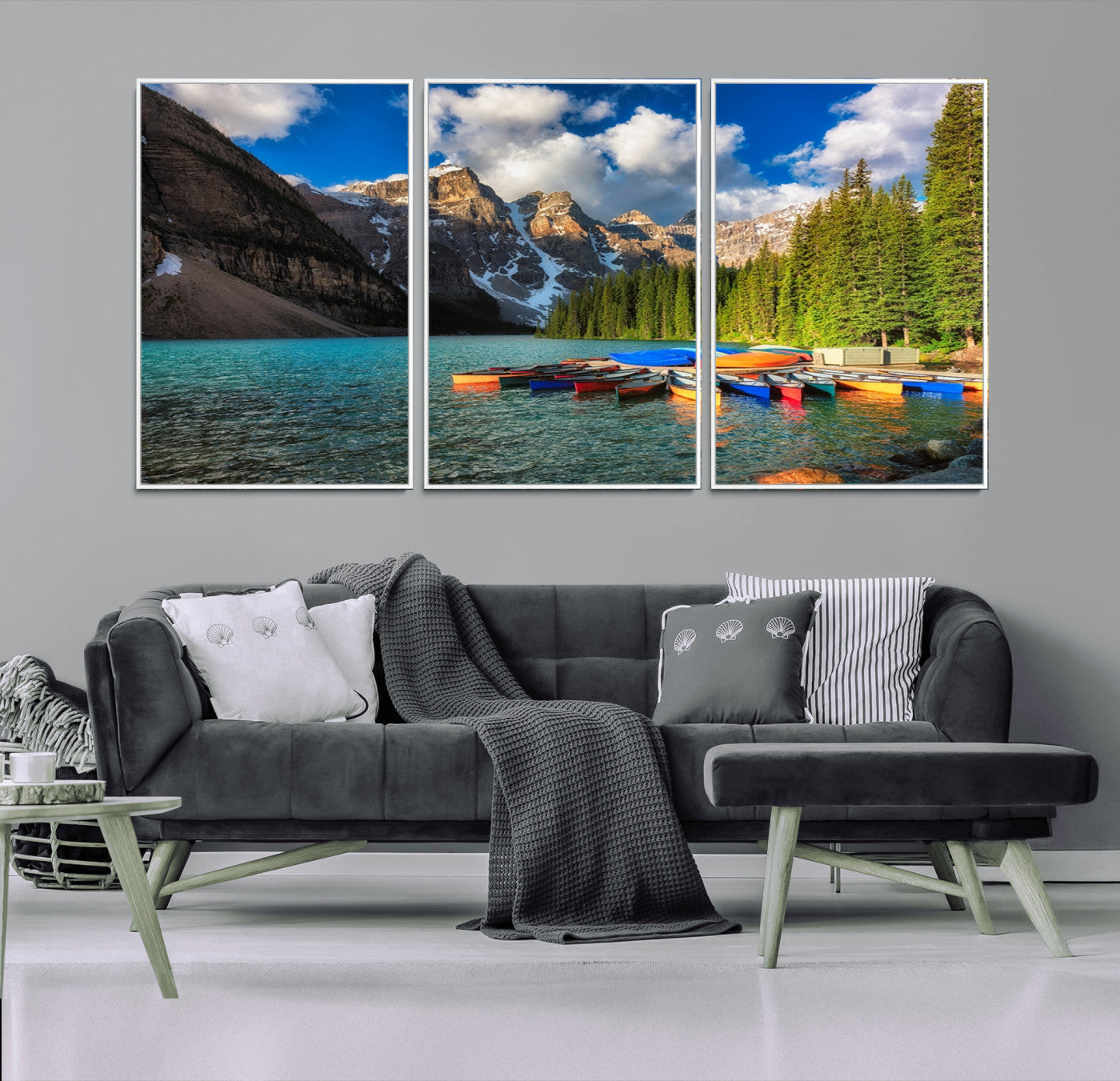 -Moraine Lake 3-Panel Wall Art, Majestic Mountain and Lake Landscape Canvas Print Canoes on Moraine