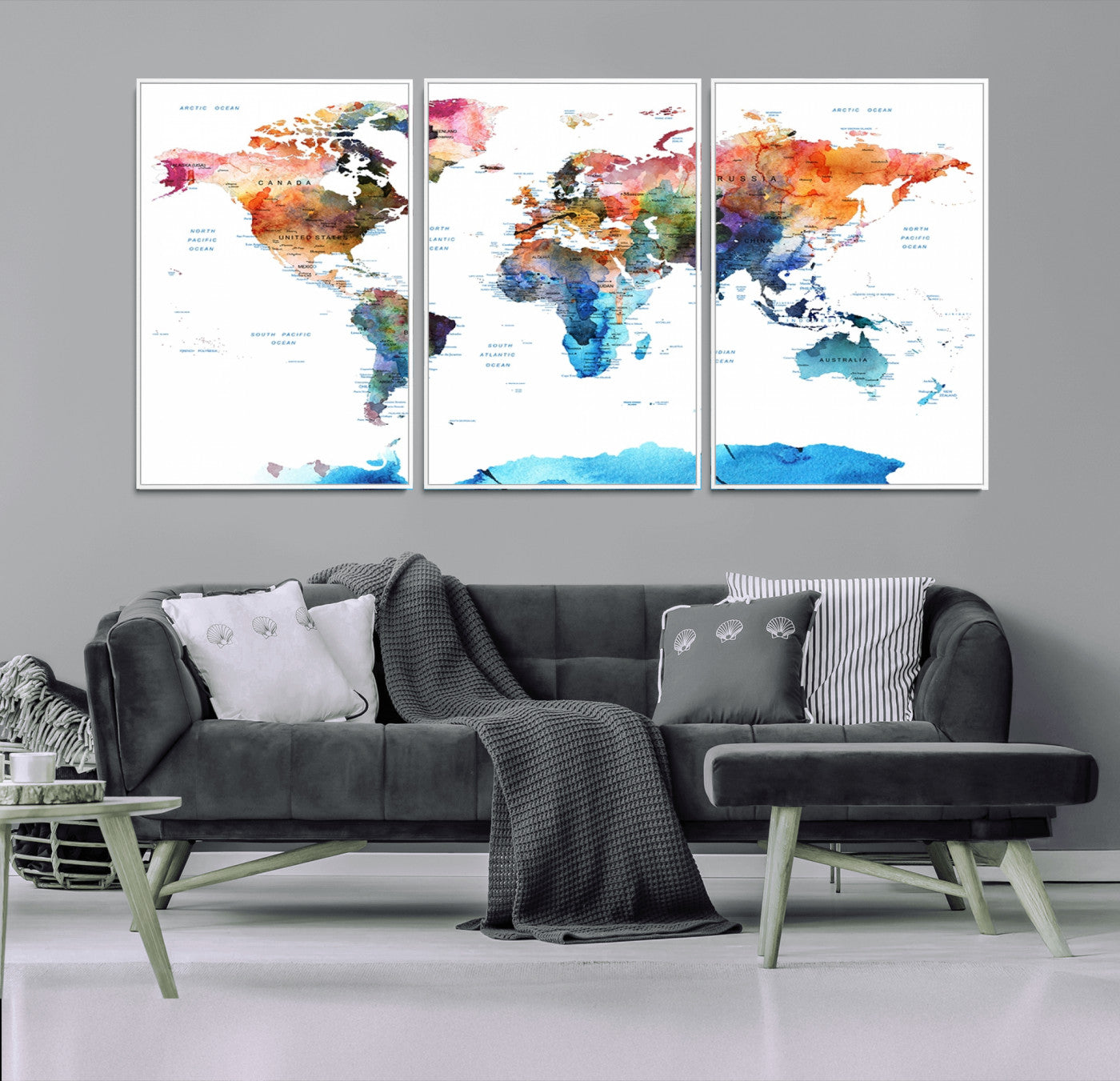 11576-MGV-FC-60X30-3P_White-Vibrant Watercolor World Map Canvas Wall Art – Framed Push Pin Travel Map for Home and Office Decor, Modern Colorful Wall Artwork