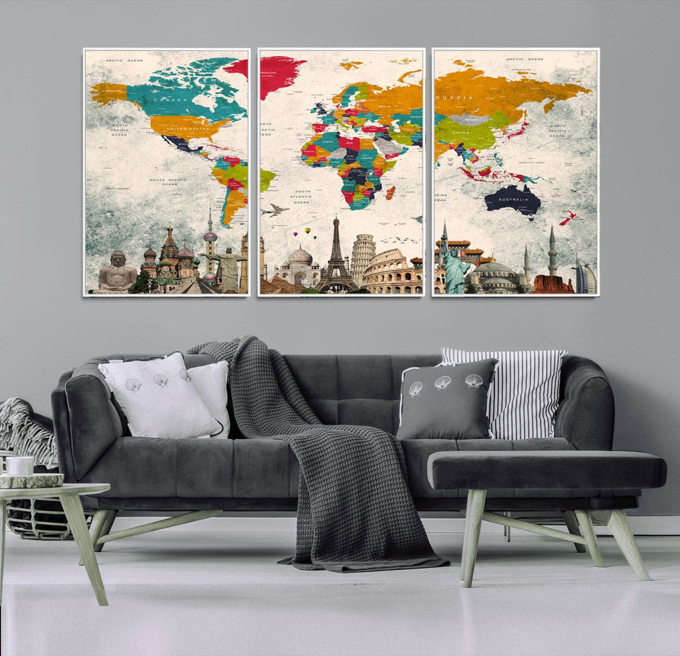 98056-MGV-CV-36X24-Colorful World Map Canvas Wall Art with Landmarks – Framed Travel Map Print for Home and Office Decor, Perfect Gift for Travel Lovers