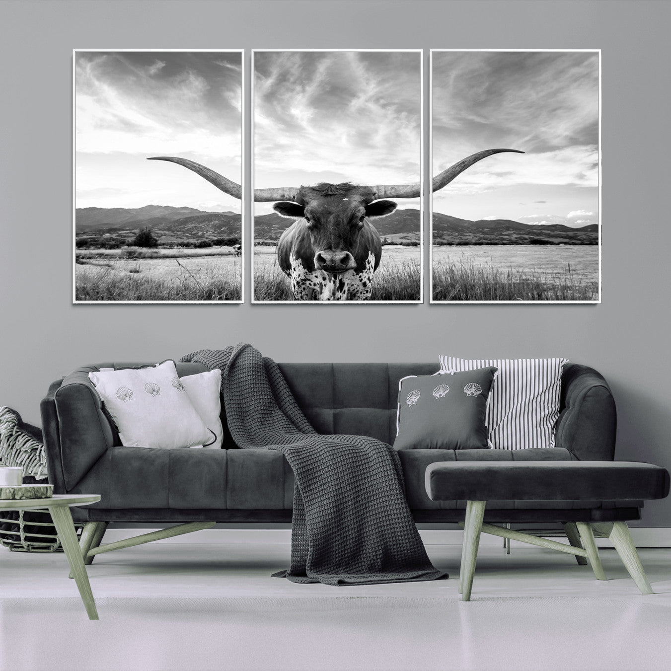 -Longhorn Black and White Wall Art – Rustic Western Bull Canvas Print, Farmhouse Country Decor for Living Room, Office or Ranch, Cowboy Wall Artwork