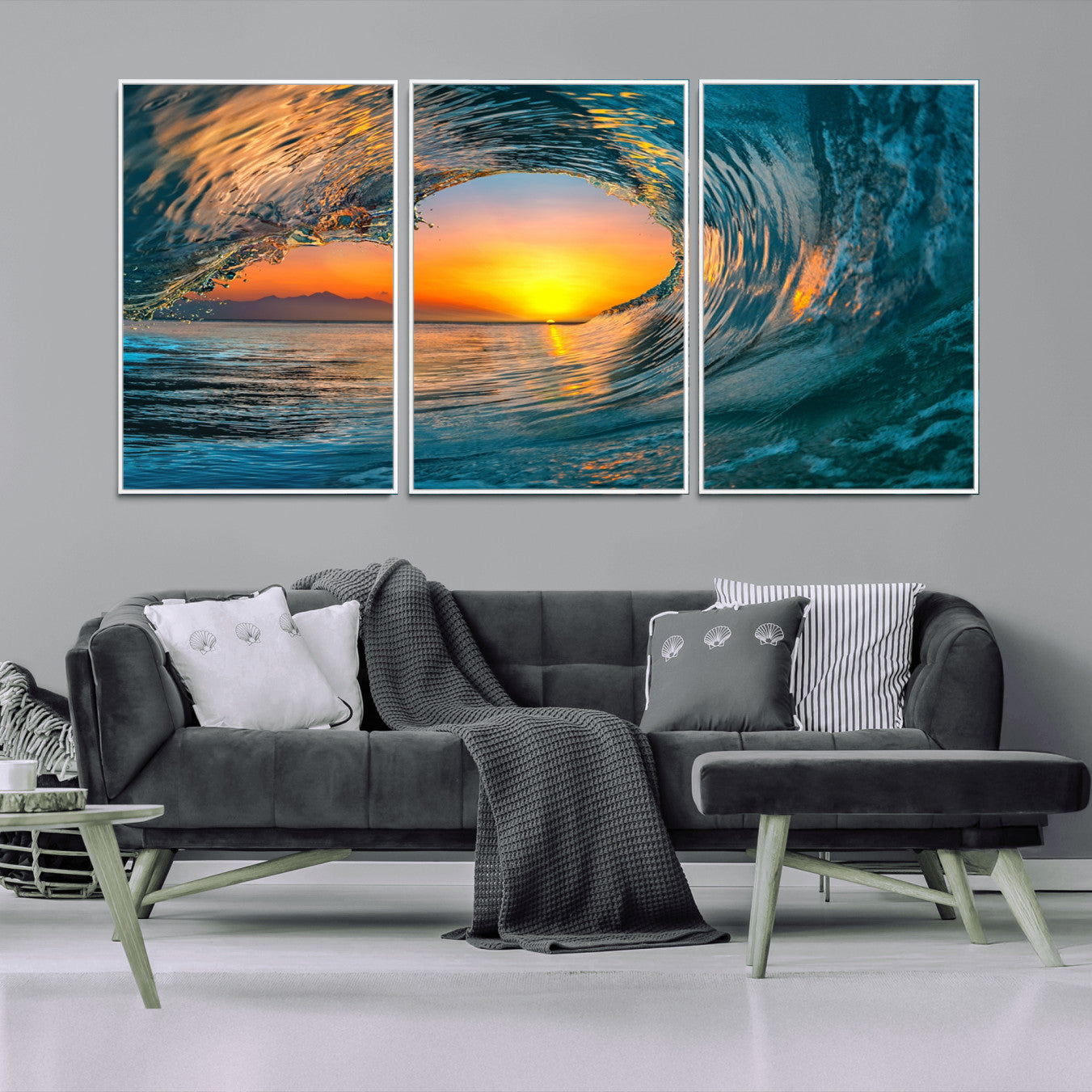 84279-MGV-FC-60X30-3P_White-Ocean Wave Sunset Wall Art | Large Coastal Wave Canvas Print | 3-Panel Ocean Sunset Seascape for