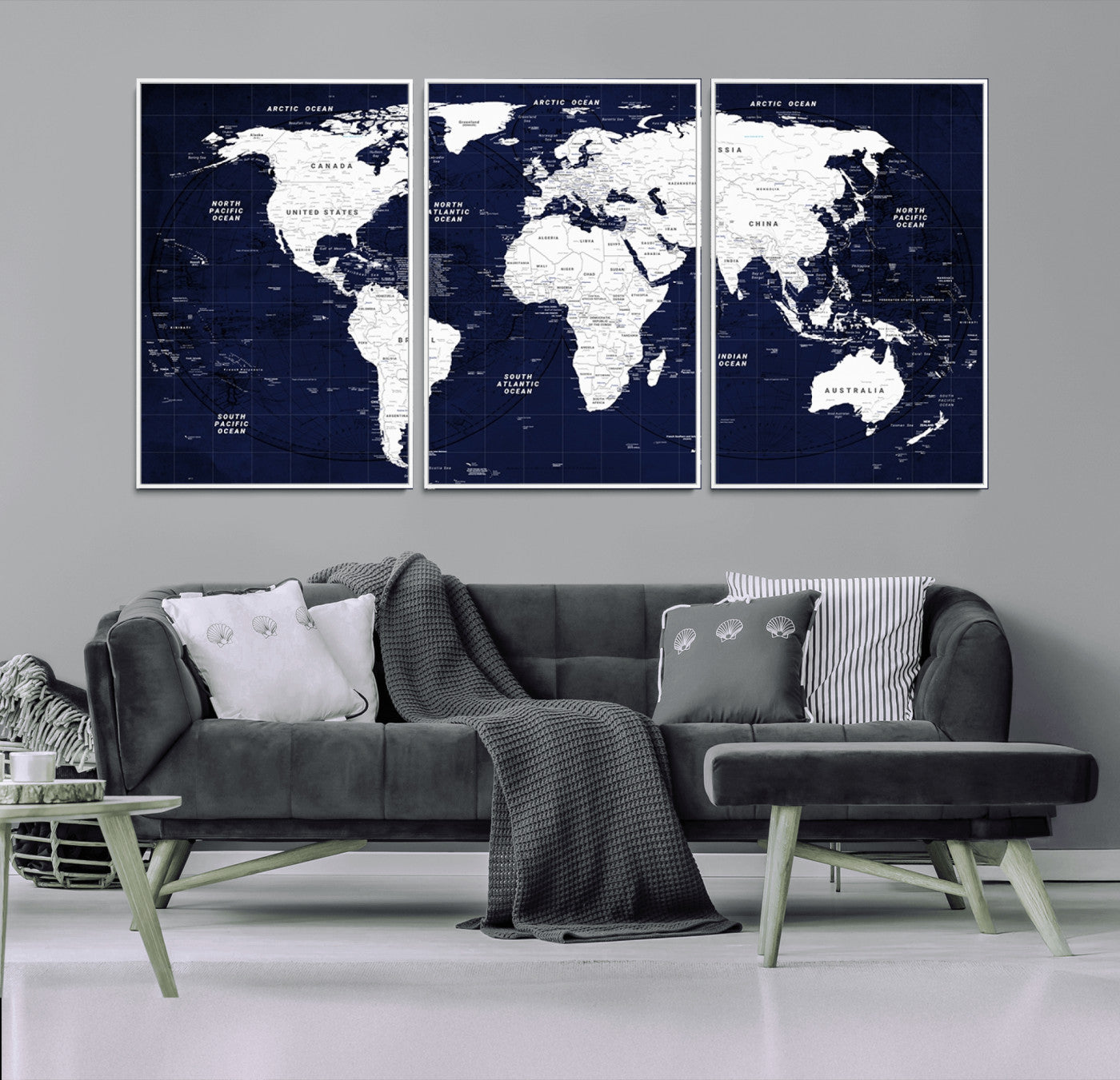 -Navy Blue World Map Canvas Print – Modern Push Pin Travel Map Wall Art, Framed Contemporary Decor for Home or Office
