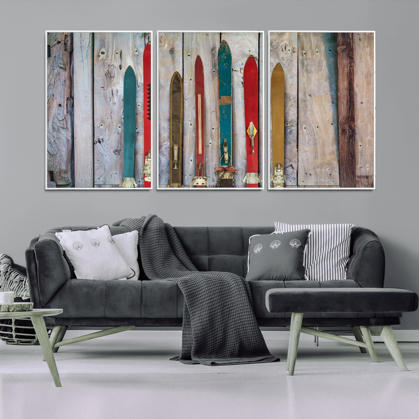 -Vintage Wooden Weathered Ski's in Front of an Old Barn Wall Art Canvas Print for Farmhouse, Cabin