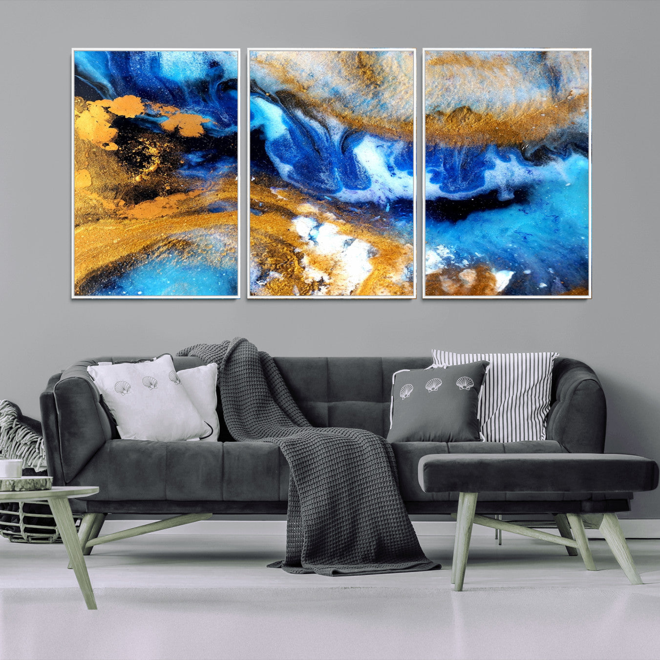 42100-MGV-CV-36X24-Blue Orange Marble Fluid Effect Canvas Wall Art Print