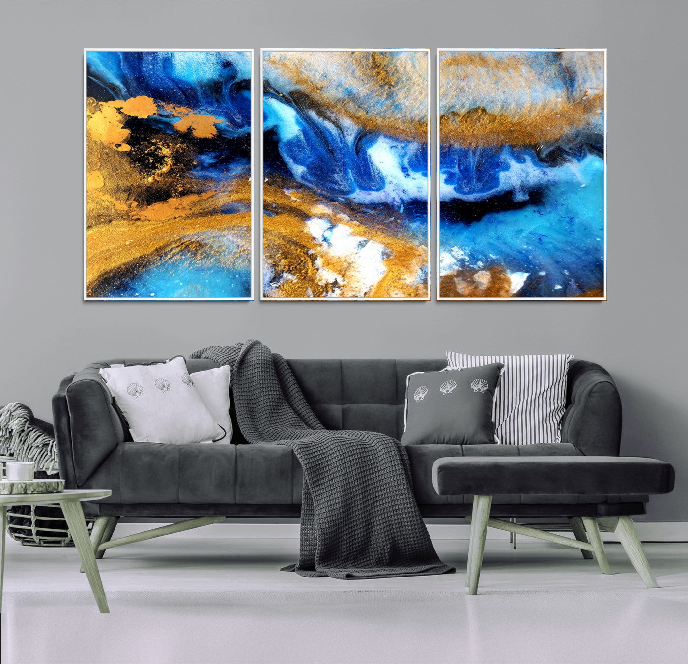 42100-MGV-CV-36X24-Blue Orange Marble Fluid Effect Canvas Wall Art Print