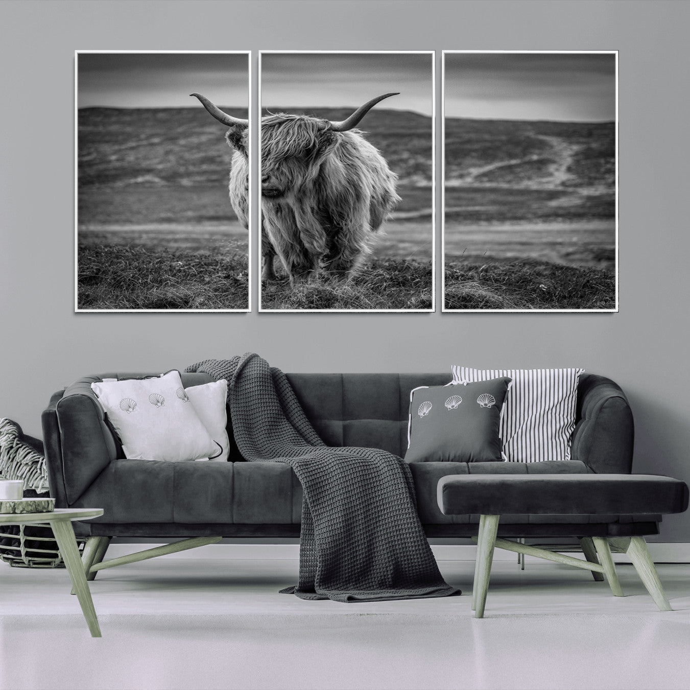 -Fluffy Cattle Wall Art Print, Highland Cow Canvas, Framed Black and white Wall Art