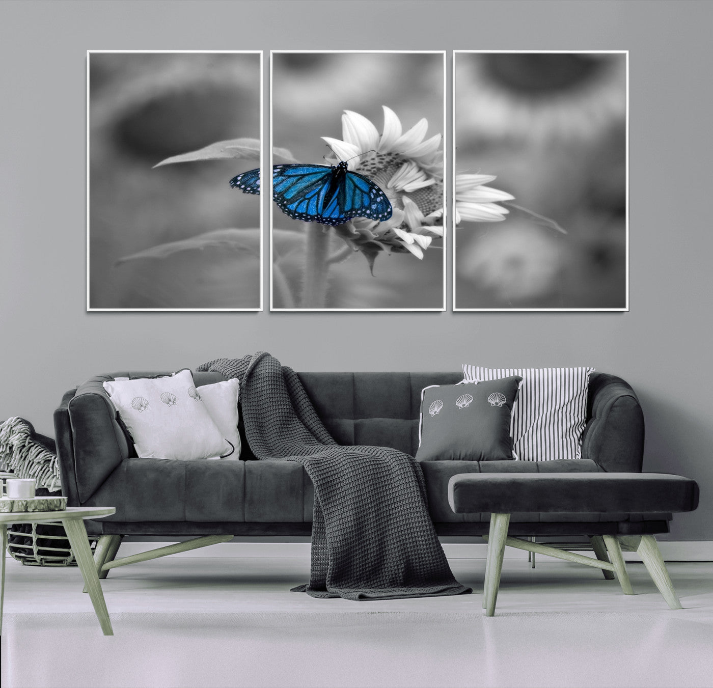 -Blue Butterfly Black and White Canvas Wall Art