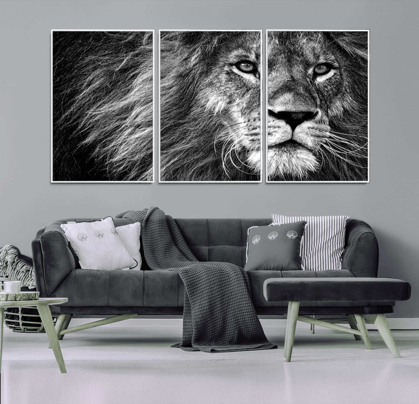 -Black and White Lion Canvas Wall Art Print – Wildlife Portrait Artwork for Home, Office, Living Room, Guest Room