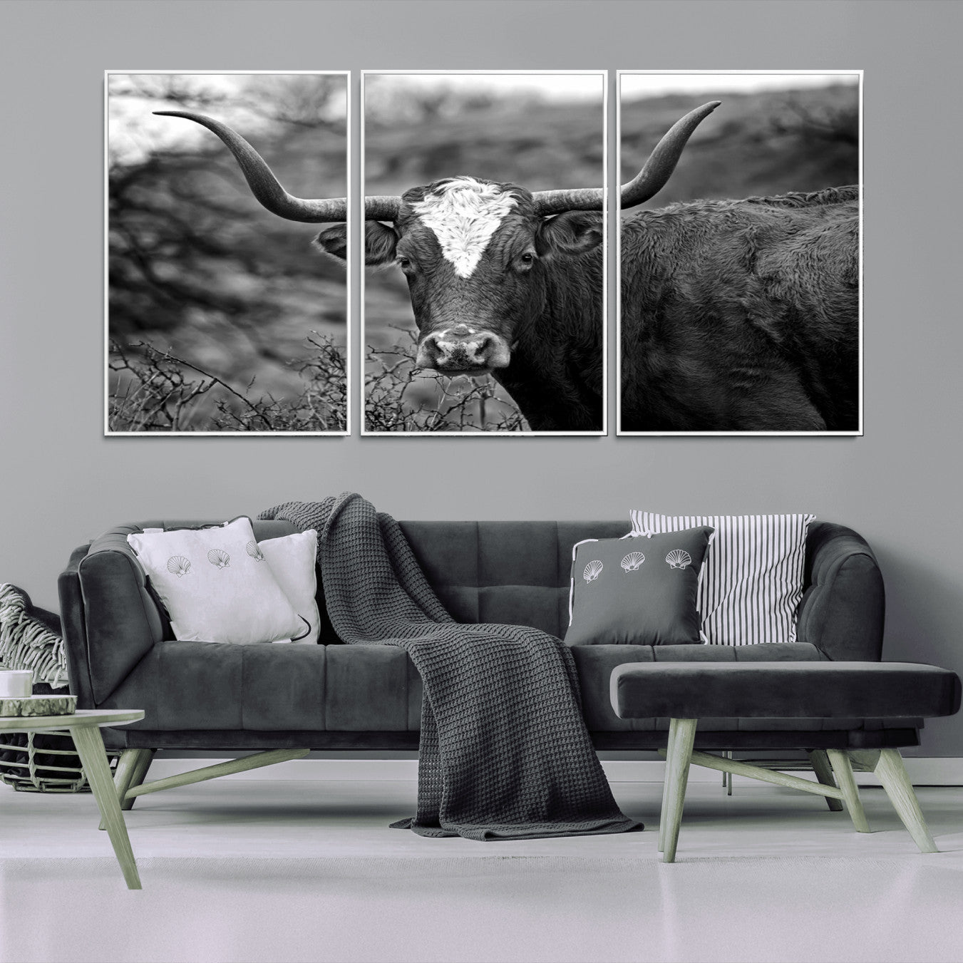 -Western Home Wall Art Canvas Print, Framed Texas Longhorn Art Picture Print, Rustic Cow Perfect Rustic Farmhouse Decor Artwork