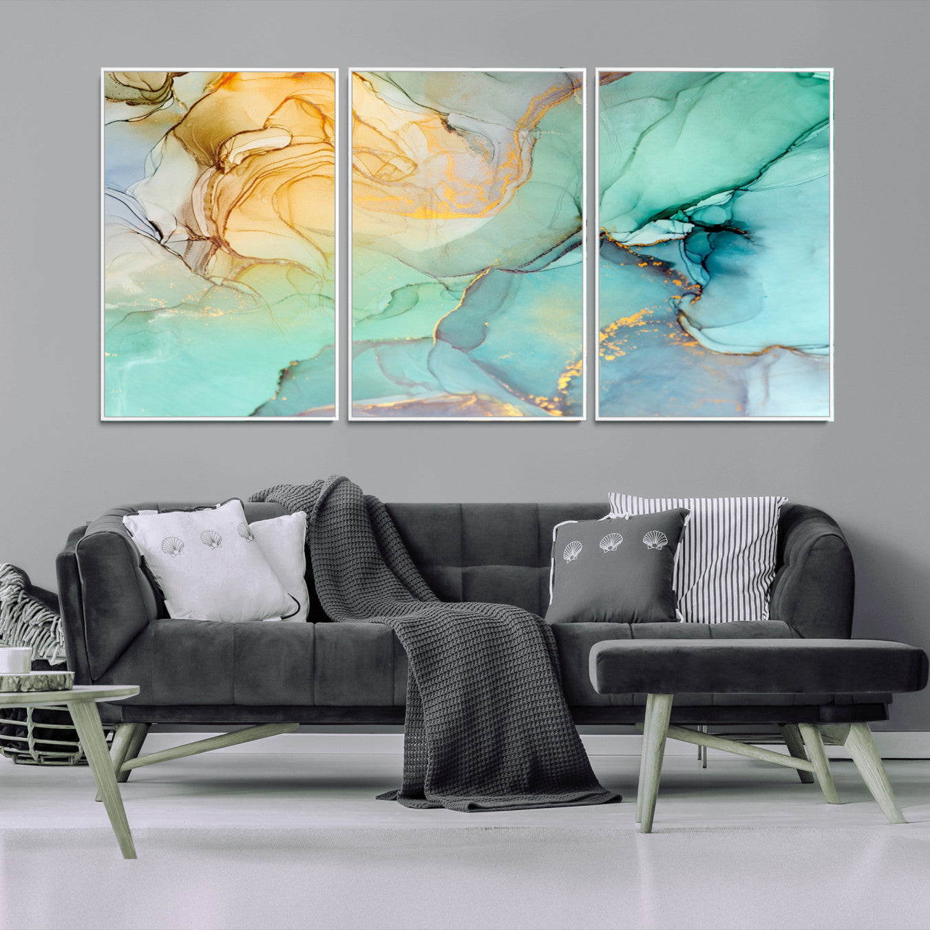84233-MGV-CV-36X24-Abstract Aqua and Gold Fluid Wall Art Canvas | 3 Panel Large Canvas Print for Living Room, Office,