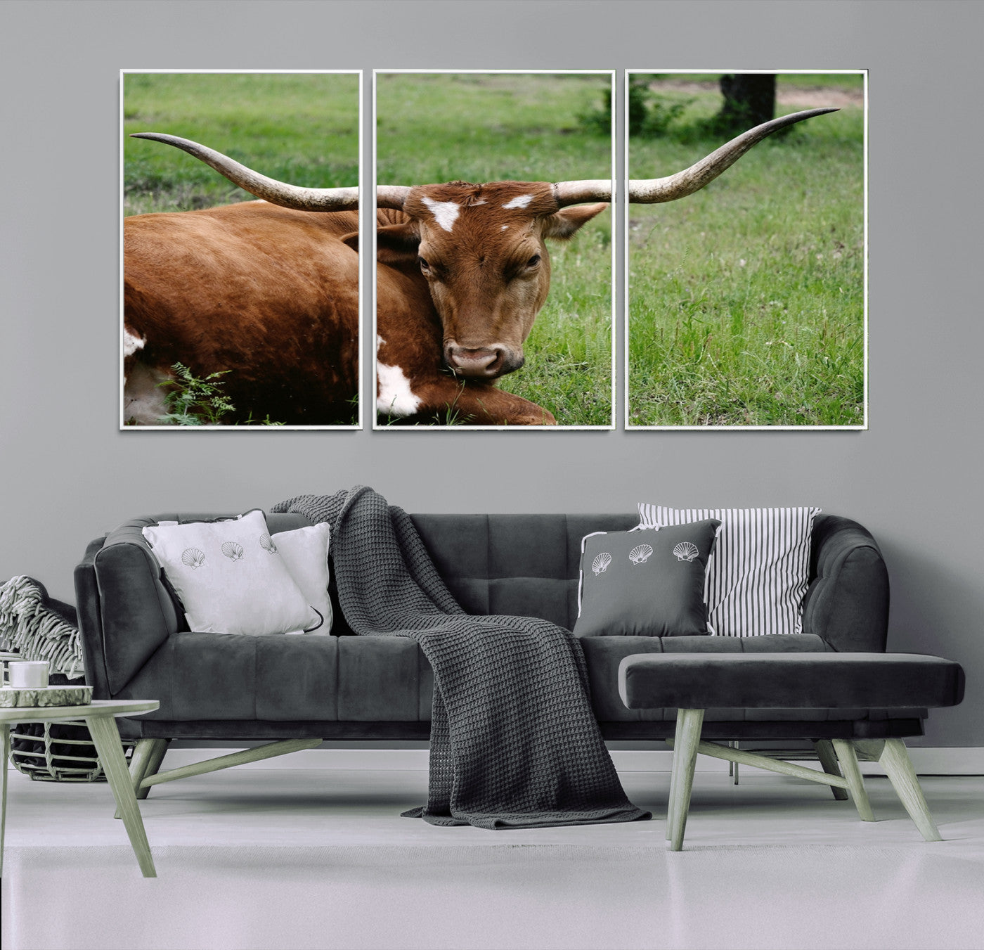 -Longhorn Steer Canvas Wall Art – Rustic Nature Triptych Decor for Living Room or Office – Ready to