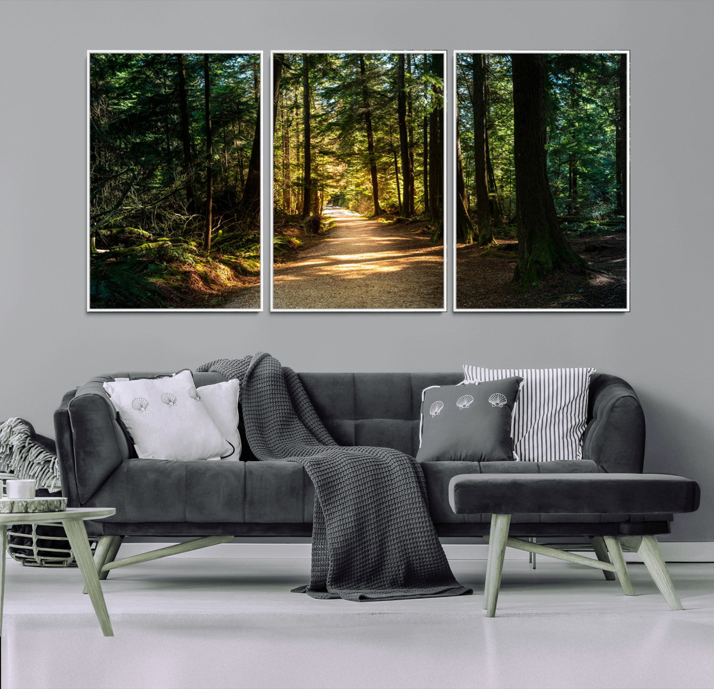 -Sunlit Forest Pathway Canvas Print | 3 Panel Large Nature Wall Art for Living Room, Office, or