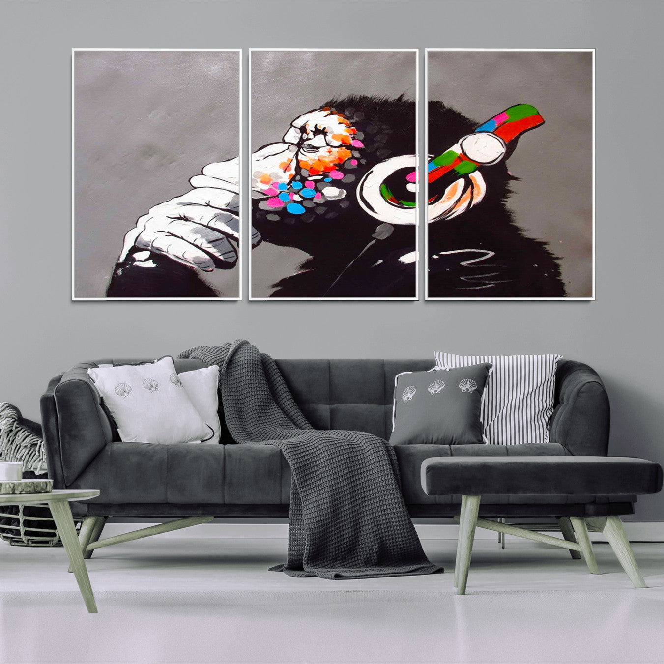 56887-MGV-CV-36X24-Dj Monkey Listening to Music Wall Art Print | Banksy Monkey Large Canvas Print for Living Room,