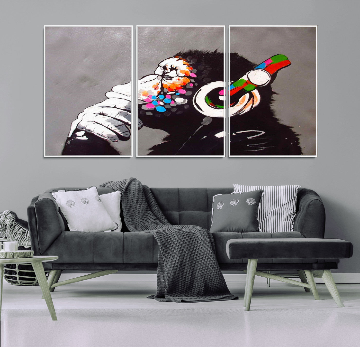 56887-MGV-CV-36X24-Dj Monkey Listening to Music Wall Art Print | Banksy Monkey Large Canvas Print for Living Room,