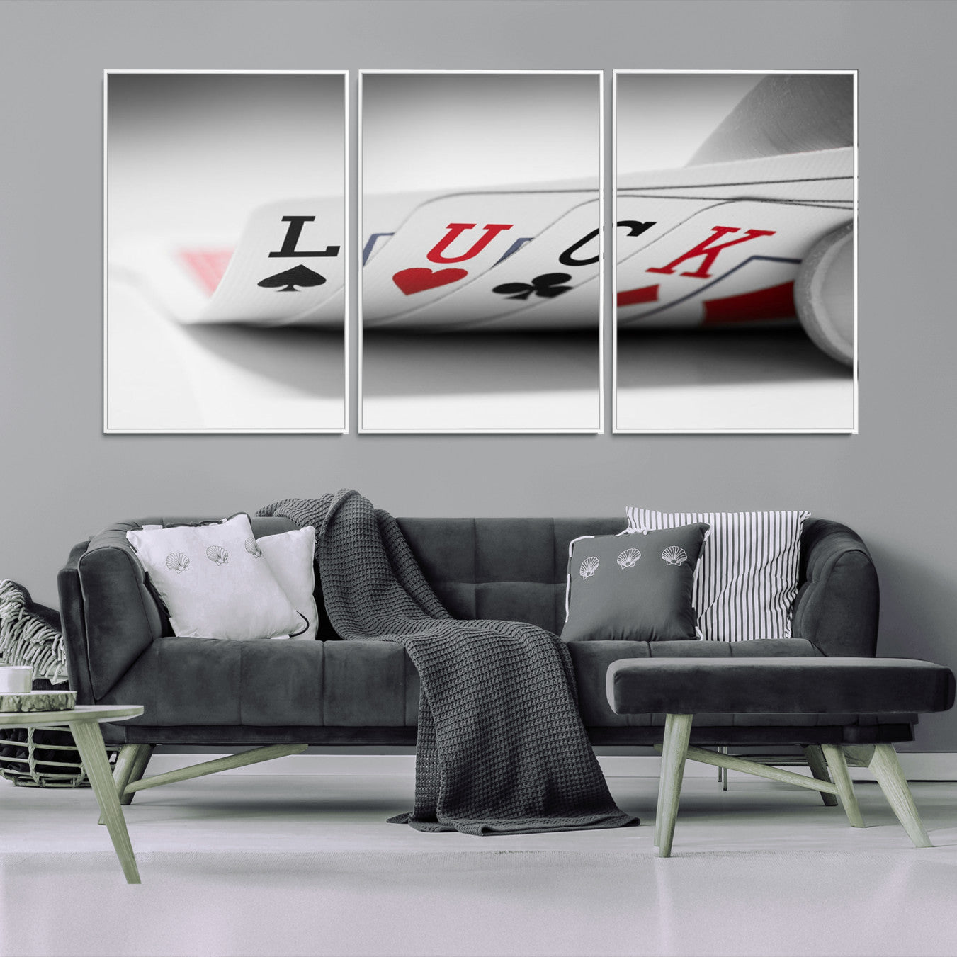 55160-MGV-FC-60X30-3P_White-Framed Luck Poker Cards Canvas – Modern Triptych Wall Art, Ready to Hang for Game Rooms