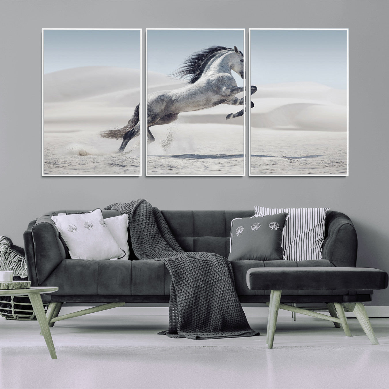 46422-MGV-FC-60X30-3P_White-Prancing Horse Desert Large Wall Art Canvas Print – Majestic Horse Animal Artwork for Home, Office, Living Room