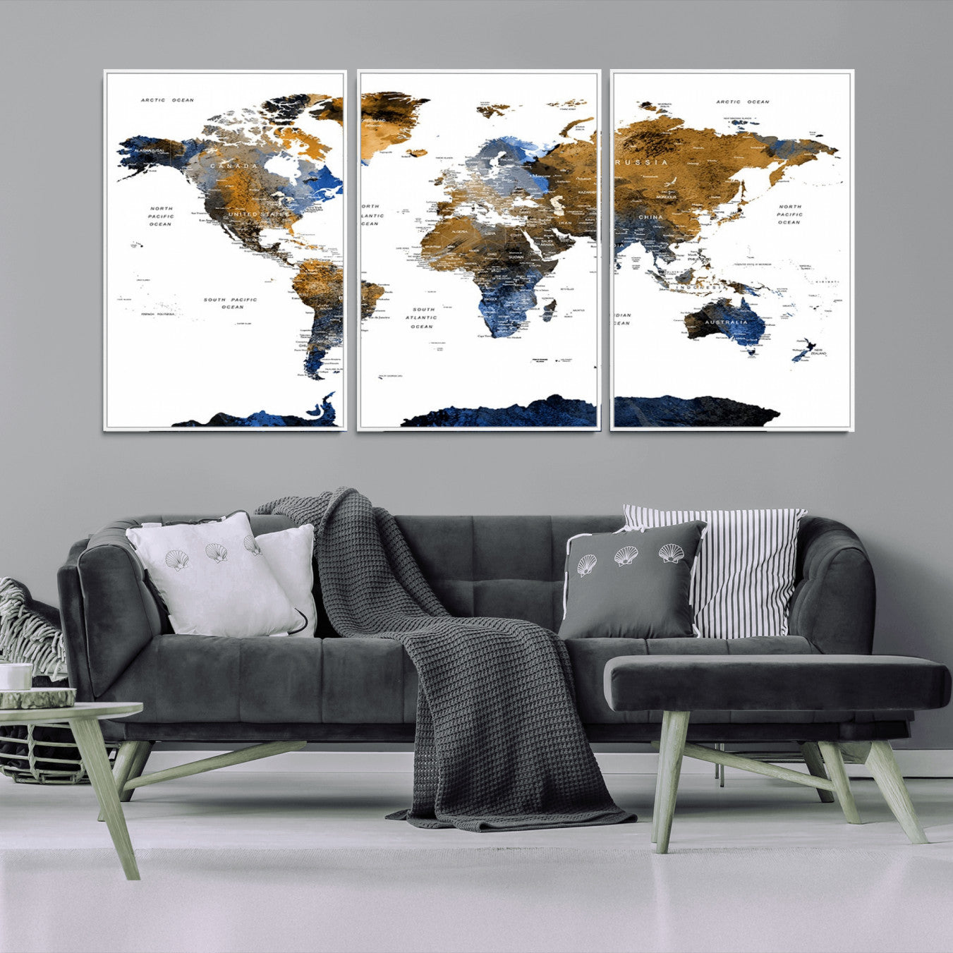 32677-MGV-CV-36X24-Modern Abstract World Map Canvas Wall Art – Framed Blue and Gold Map Print, Elegant Contemporary Travel Decor for Home and Office Walls