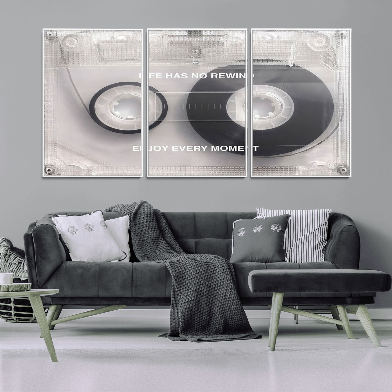 -Vintage Cassette Tape Canvas Wall Art - Inspirational 'Life Has No Rewind' Quote, Retro Music Decor