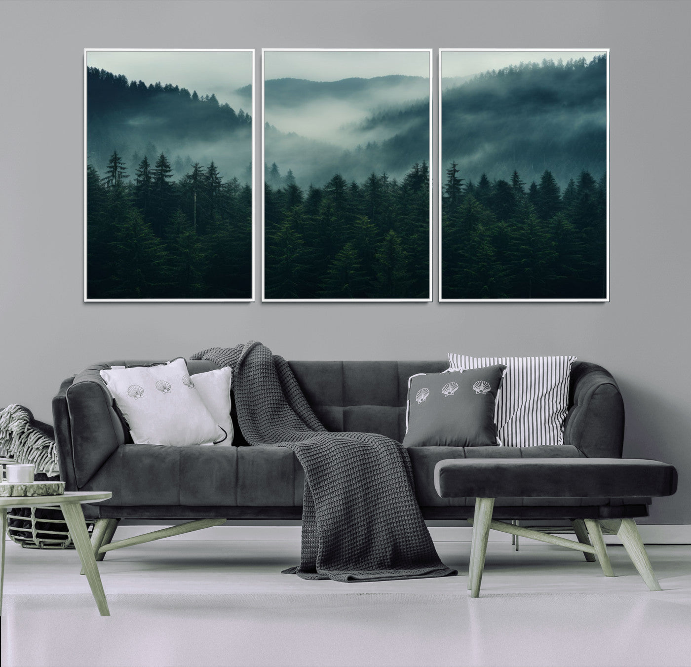 95647-MGV-FC-60X30-3P_White-Captivating Misty Forest Wall Art Premium Canvas Print, Foggy and Serene Atmosphere Wall Art Canvas