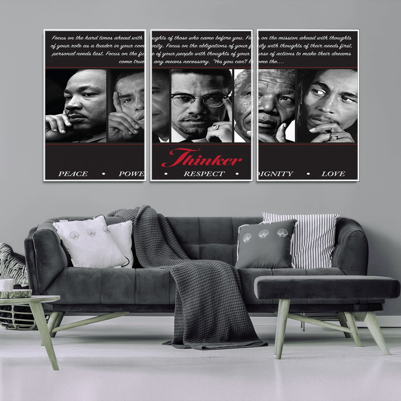 -Thinker Quintet Canvas Wall Art – Martin, Obama, Malcolm X, Mandela, Marley Featuring Peace, Power,