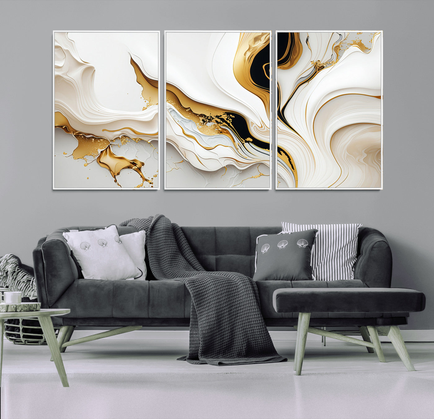 98637-MGV-CV-36X24-Gold Waves on Pure White Canvas – Gold Abstract Art for Modern Interiors | Wall Art Canvas, Framed &