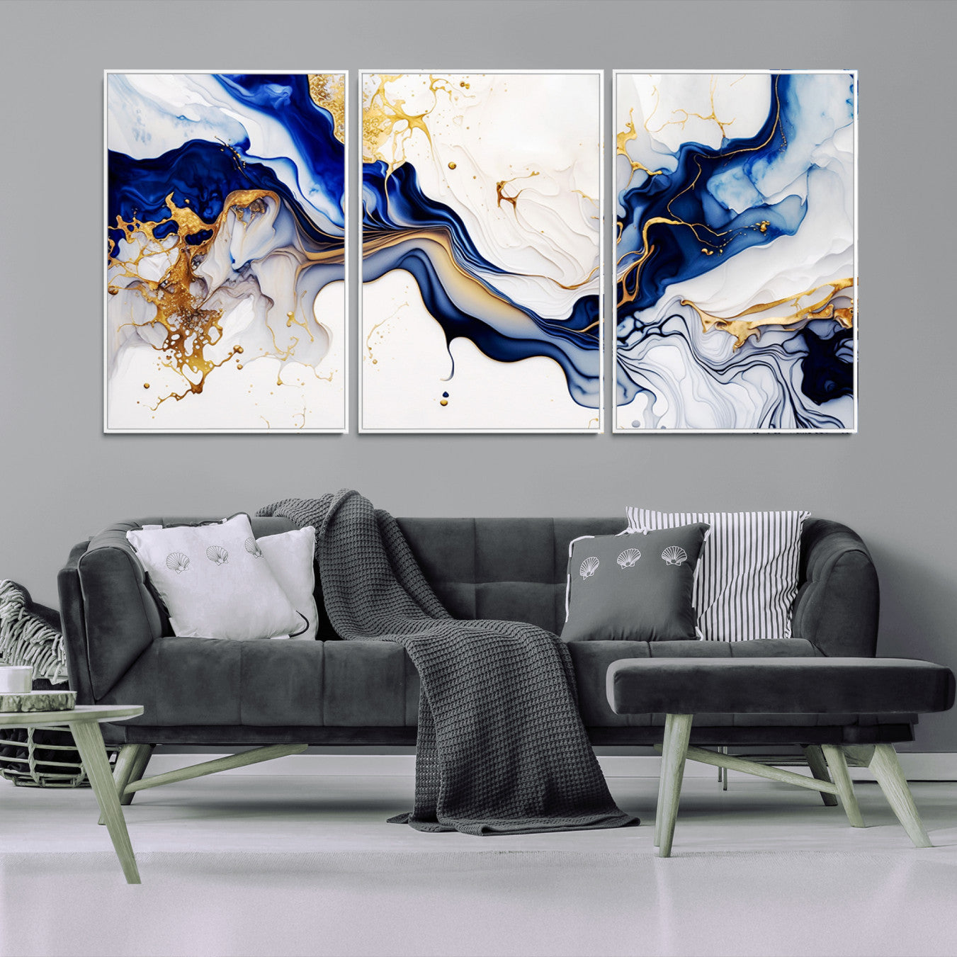 93392-MGV-CV-36X24-Golden Cascades on Midnight Blue – Deep Blue Abstract Wall Art Flowing Elegance | Wall Art Canvas,