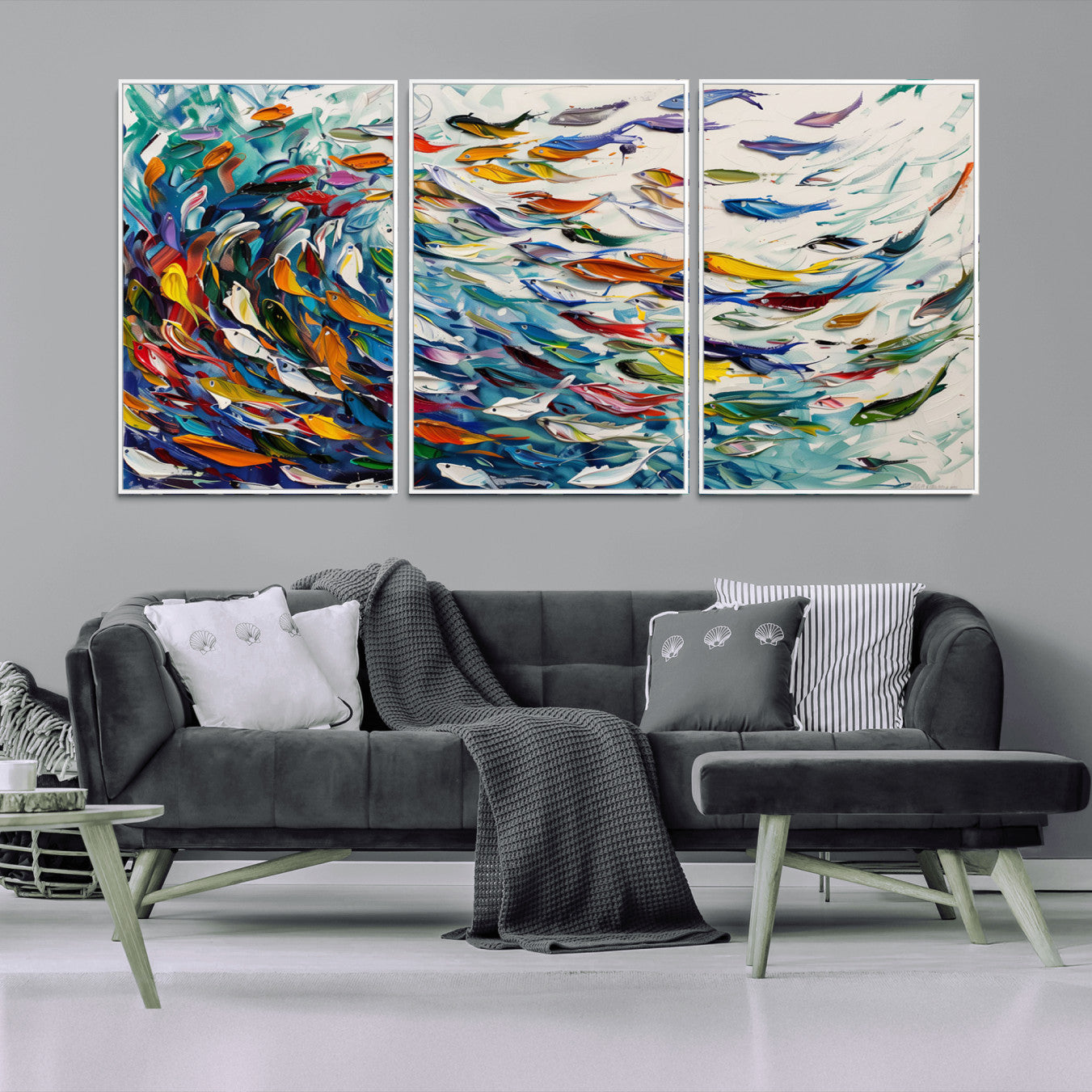 80105-MGV-FC-60X30-3P_White-Modern Abstract Fish Shoal Wall Art Canvas Print, Colorful Fish Herd Painting on Canvas Print, Ocean