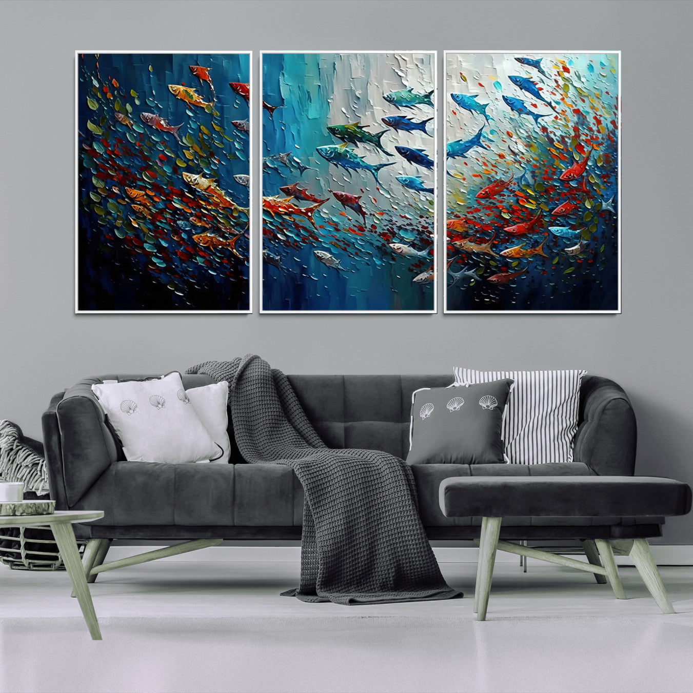 -Modern Abstract Fish Shoal Wall Art Canvas Print, Colorful Fish Herd Painting on Canvas Print, Ocean