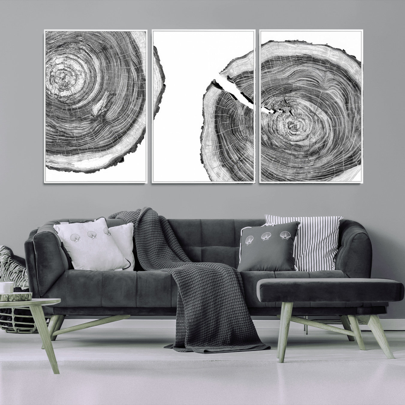 23016-MGV-CV-36X24-Modern Black and White Tree Rings Canvas Wall Art – Nature Inspired Wood Slice Print – Minimalist